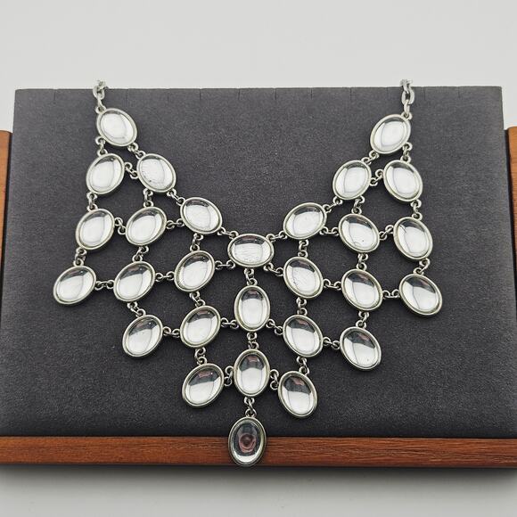 Clear Stone Silver Tone Bib Necklace - Picture 1 of 8